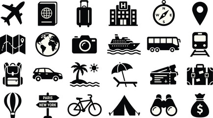 Black Silhouette Travel and Tourism Icon Set with Transportation Vacation and Adventure Symbols Vector © NR