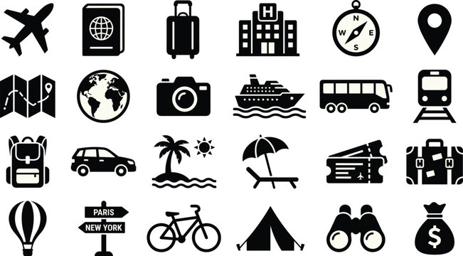 Black Silhouette Travel and Tourism Icon Set with Transportation Vacation and Adventure Symbols Vector