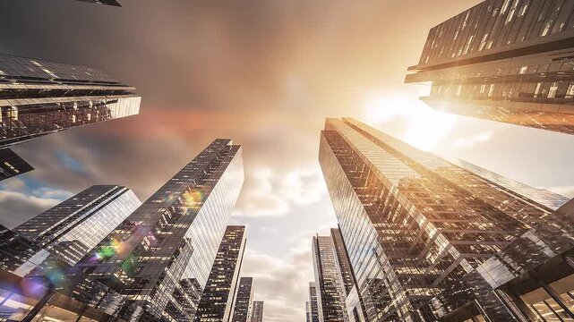 Time lapse tilt up of glass skyscrapers reflecting clouds over downtown city business district at sunset