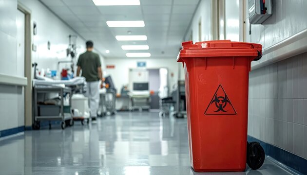 Bright red medical waste bin with biohazard symbol prominently displayed in a clean hospital corridor