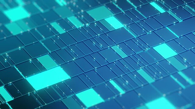 Close-up 3D perspective of glowing blue and cyan digital tile grid with illuminated nodes on circuit panel surface. Futuristic technology background for semiconductor, data, computing, and innovation.
