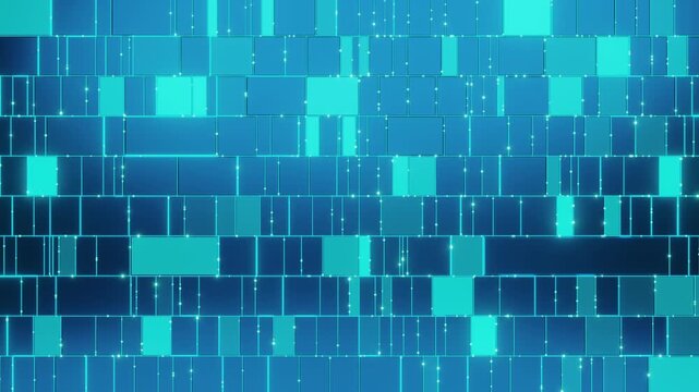 Abstract blue and cyan digital circuit grid panel background with glowing dots and data tiles. Futuristic technology pattern for semiconductor, big data, server, computing, and innovation design
