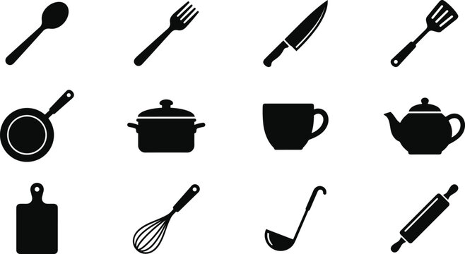 Kitchen utensils and cookware silhouette icons collection for culinary design and cooking related projects