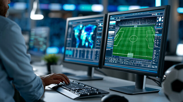 Football analytics workstation with heatmap and tactics displayed on screens in a stadium office, professional sports data analysis concept, defocused background, with copy space