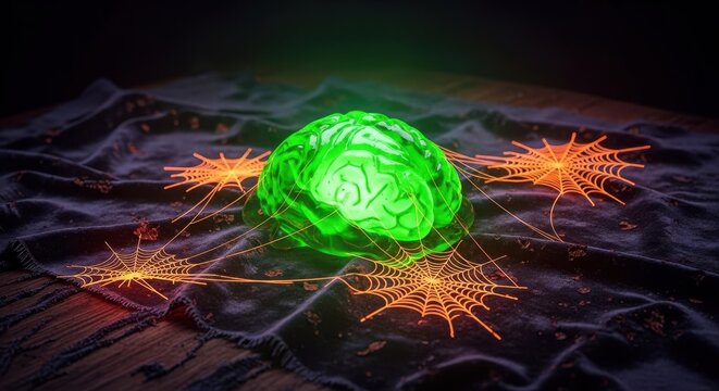 A horrifyingly bizarre still life featuring a glowing green gelatinous brain resting on decaying velvet and surrounded by strange, neon orange spiderwebs, macabre, freakout, bizarre