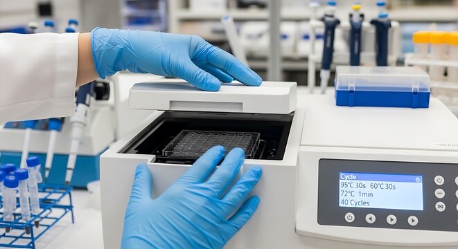 Close-up of a scientist in blue gloves operating a thermal cycler machine in a laboratory setting.