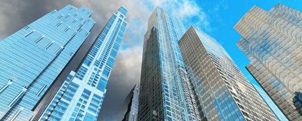 Skyscrapers, high-rise buildings from below against the background of the sky, cityscape, panorama of skyscrapers, 3D rendering © ustas