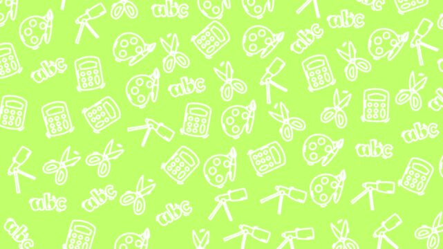 Bright green background with white doodle icons. Icons include scissors, calculators, and paint palettes. Each icon is simple and stylized with a playful feel