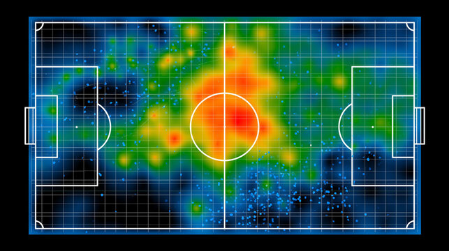 Soccer field heatmap visualization of player movement and activity, sports analytics and tactical analysis concept, with copy space