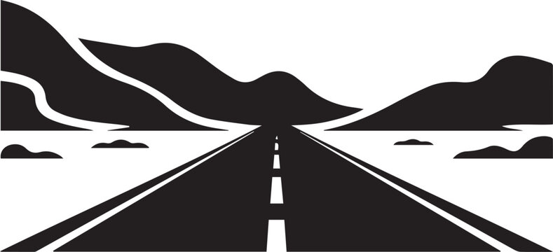 Silhouette of straight road stretching to horizon with mountains and hills against white background in minimalist travel illustration