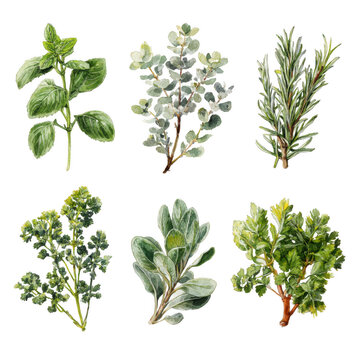 Collection of fresh herbs isolated on transparent background