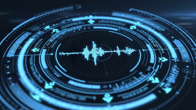 Slow zoom of holographic hud rotating and revealing audio waveform on futuristic control panel dark digital interface