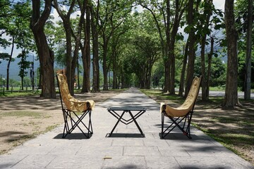 Obraz premium A Pair of Portable Leisure Chairs on a Scenic Forest Pathway