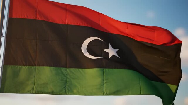 Libyan flag waving in sky