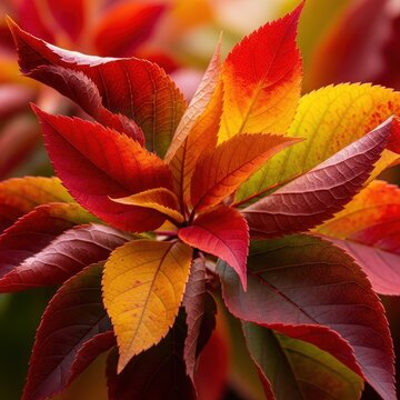 Magnificent display of deeply colored, ripe autumn leaves showing the culmination of the seasonal change, featuring stunning tones and textures, macro, foliage, rich