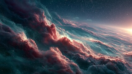 Fototapeta premium Cosmic Nebula Cloudscape Deep Space Teal Rose Galaxy