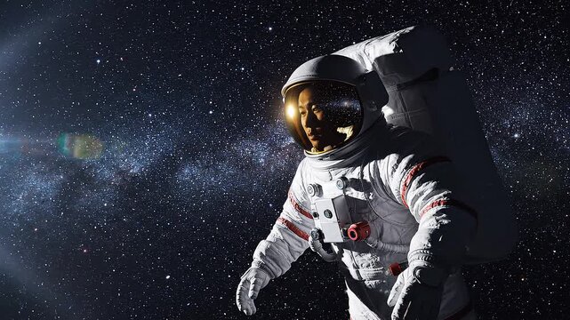 Slow tracking shot of astronaut reaching and drifting in outer space near milky way galaxy with reflective visor