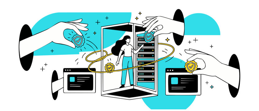 Cyber security server database protection flat vector illustration with IT specialist managing cloud network safety, online privacy system, secure hosting and information technology defense concept.