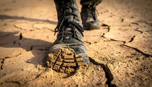 Close up of a soldier's dusty desert combat boot pressing into dry cracked mud, showing a deep footprint.