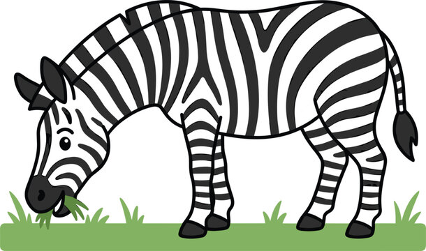 Cute cartoon zebra eating green grass vector illustration isolated on white background safari wild animal icon for kids