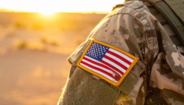 Close up of a soldier's embroidered American flag patch on their desert camouflage uniform sleeve against a warm sunset