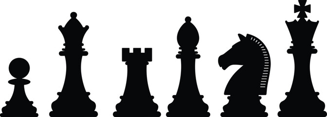 A professional minimalist black vector icon set featuring classic chess pieces silhouettes isolated on white in image_d90f06.png © MDGOLAP