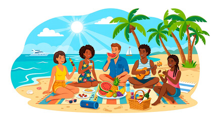 Obraz premium Joyful group of diverse friends enjoying a sunny summer beach picnic by the ocean, sharing food and music for a relaxing vacation