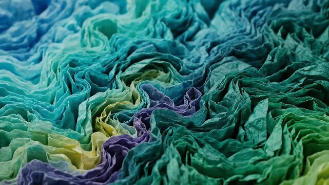 Close-Up of Multicolored Crinkled Fabric with Teal, Green, Purple, and Yellow Tones