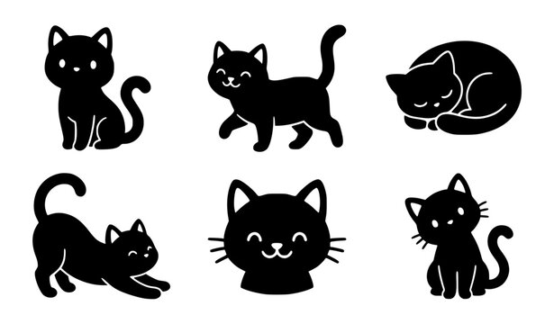 Minimalist black silhouette vector illustration set of cute cats, various charming poses including sitting cat, walking cat, sleeping curled up cat, stretching cat, happy face close-up, playful kitten