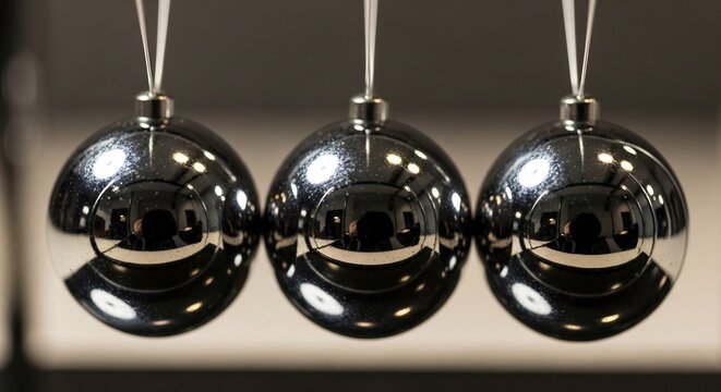 Shiny Metal Pendulum Balls Aligned in Close Up Newton Cradle Setting
