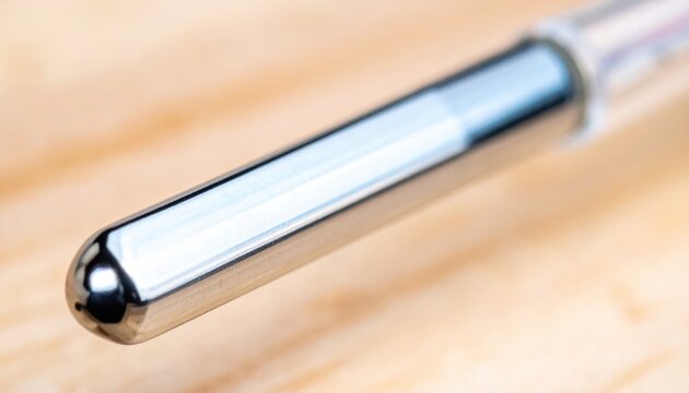 Close up macro shot of a clean, gleaming temporal artery thermometer sensor tip on a light wooden surface