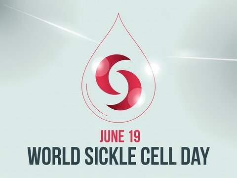 World sickle cell day awareness design with a red blood drop icon and sickle shapes on a light background