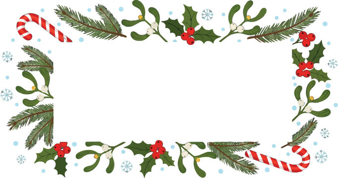 Christmas holiday frame with pine branches holly mistletoe and candy canes on white background vector illustration
