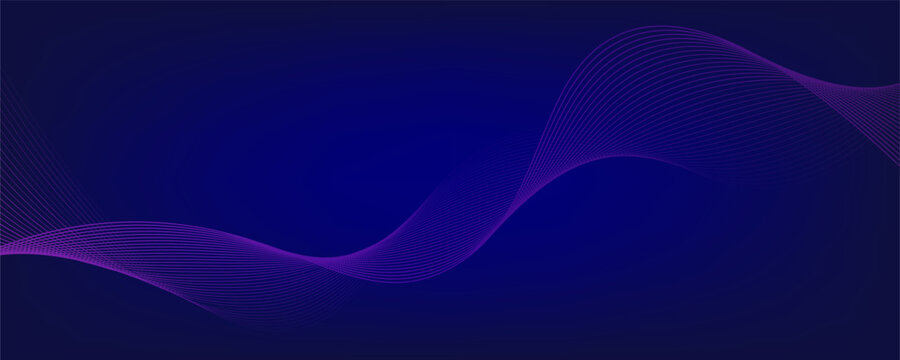 Futuristic dark abstract background with vibrant violet and pink glowing waves on a deep navy backdrop. Perfect for modern digital posters, tech presentations, or music visuals. Vector horizontal temp