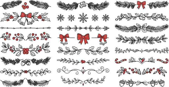 Hand drawn Christmas dividers and borders set with festive holly berries pine branches and red bows vector