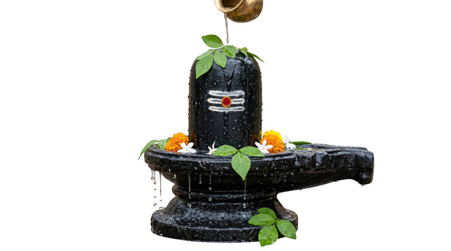 Shiva lingam with water pouring from a brass pot isolated on transparent background