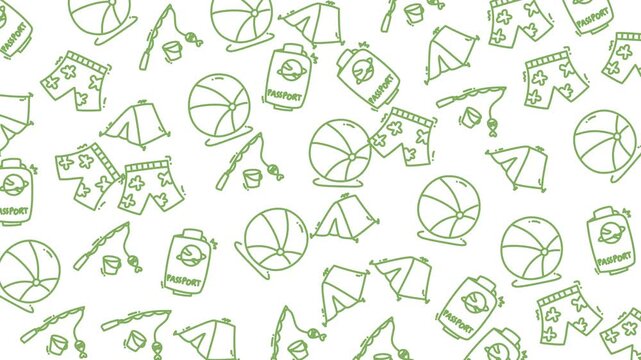 Green outlines depict beach and camping gear. Tents, balls, snacks, and shorts fill the pattern. Design feels light, fun, and outdoorsy. Perfect for travel, summer, or adventure-themed projects