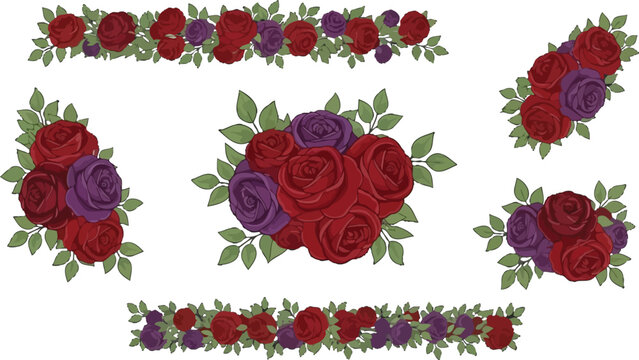 Red and purple rose flower arrangements and floral borders for wedding invitations and decorative graphic design projects