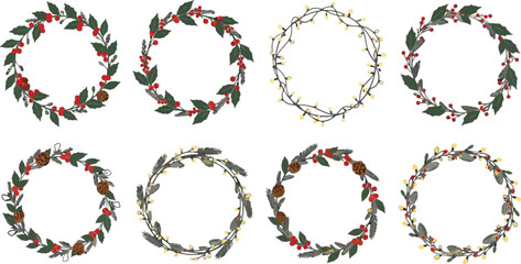 Fototapeta premium Set of Christmas wreaths with holly berries pine cones and fairy lights for holiday seasonal greeting cards