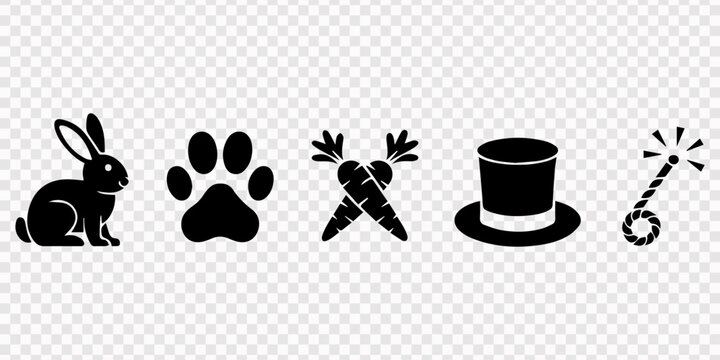 Set of black silhouette icons for Easter and celebration featuring a cute bunny rabbit, animal paw print, crossed carrots, magician top hat, and a party blower transparent background, holiday and pro.