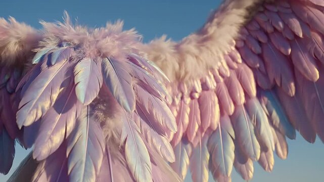 Close-up shot of soft pink feathered angel wings against a clear sky
