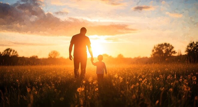 Father day celebration father and son walking in field at sunset