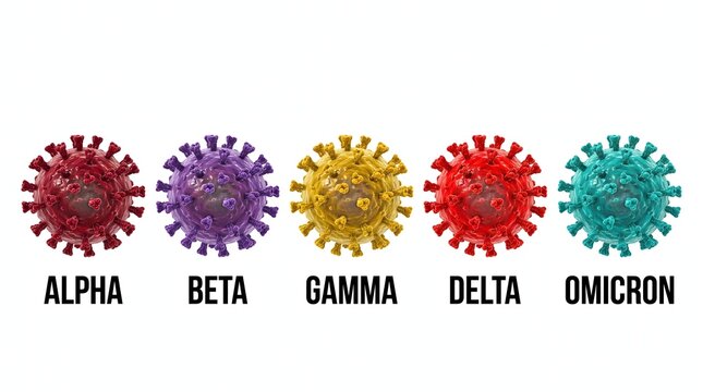 Coronavirus variants alpha beta gamma delta and omicron depicted as 3d renderings with labels