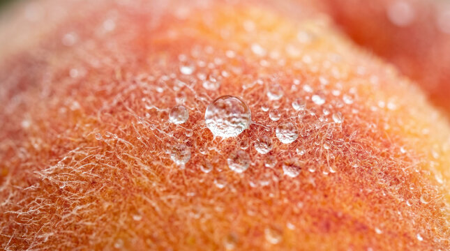 Close-up of Peach Fuzz Showcasing Intricate Details and Water Droplets in Macro Photography. Macro view highlights the delicate structure of peach fuzz with condensation beads, capturing textures and 
