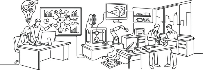Obraz premium Innovation Lab: Teamwork, 3D Printing, Robotics, and Brainstorming Ideas