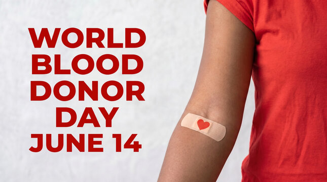 World Blood Donor Day June 14 posters. Person's arm with a medical bandage and red heart on the inner elbow. Blood donation, charity and healthcare awareness concept.
