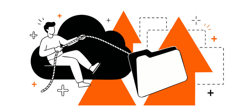Cloud storage data download illustration showing man pulling digital folder with rope from server representing secure cloud backup, file transfer, hosting, and information recovery technology.