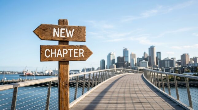 Wooden signpost reading New Chapter on a bridge leading to a modern city