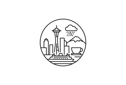 Seattle cityscape, coffee cup, Space Needle, rainy day icons, black line art