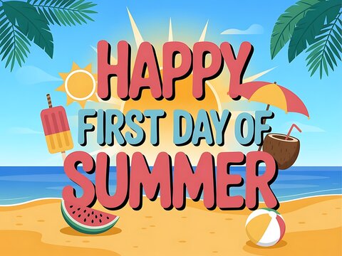 Happy first day of summer beach scene with palm trees and summer objects  beach ball watermelon popsicle coconut drink